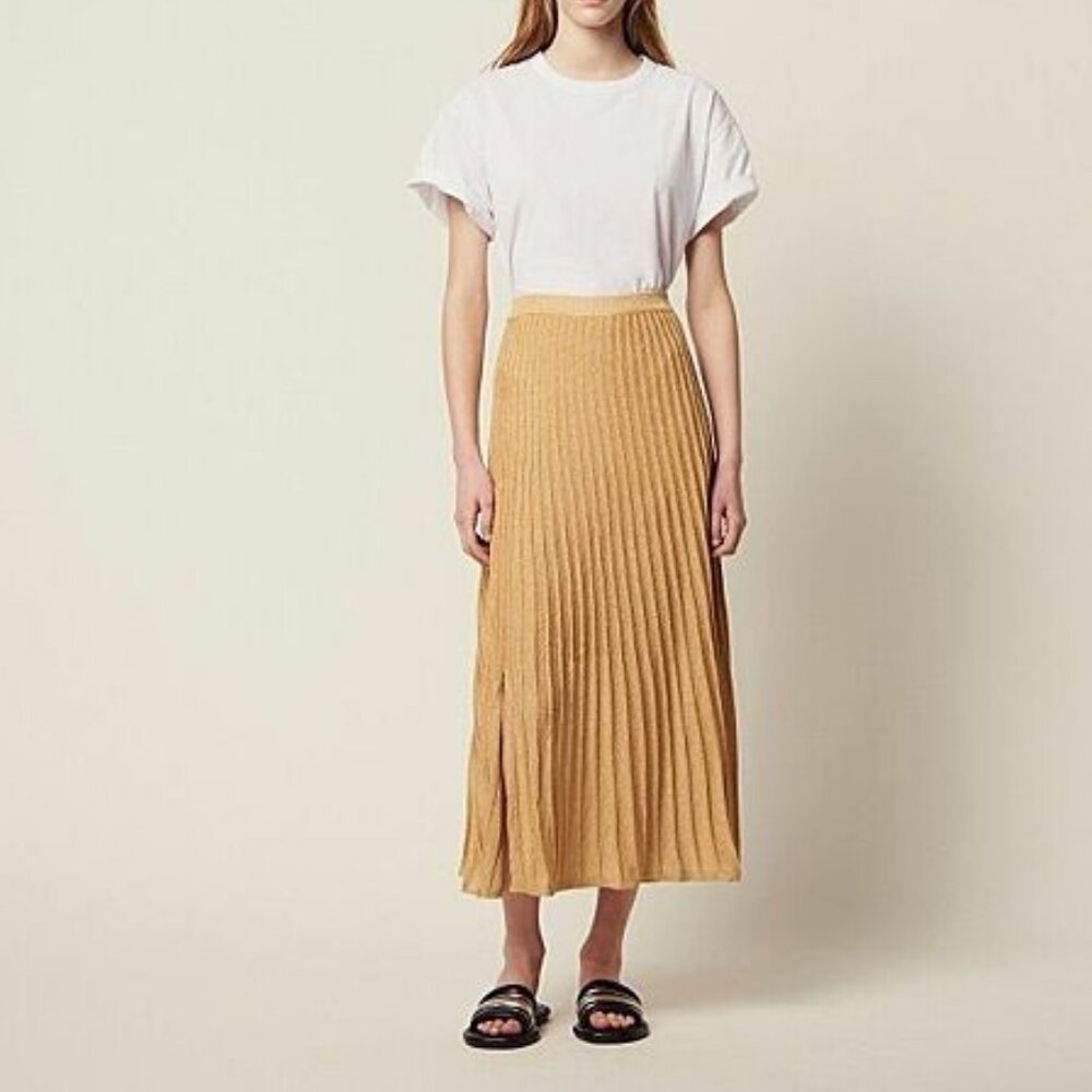 Sandro Emanuelle Metallic Knitted Midi Skirt Pleated High Rise Waisted Slit Gold - Picture 3 of 9